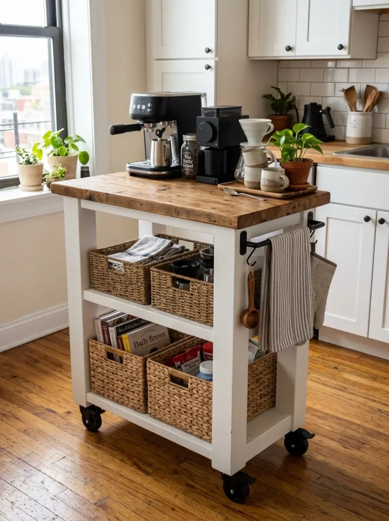 Compact movable prep table styled as storage and coffee station in a charming farmhouse kitchen.