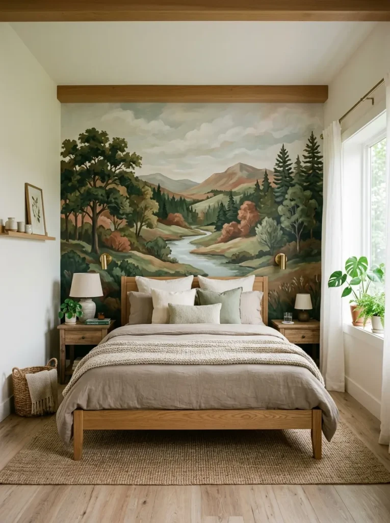 A peaceful bedroom with nature mural wallpaper and wooden furniture accents