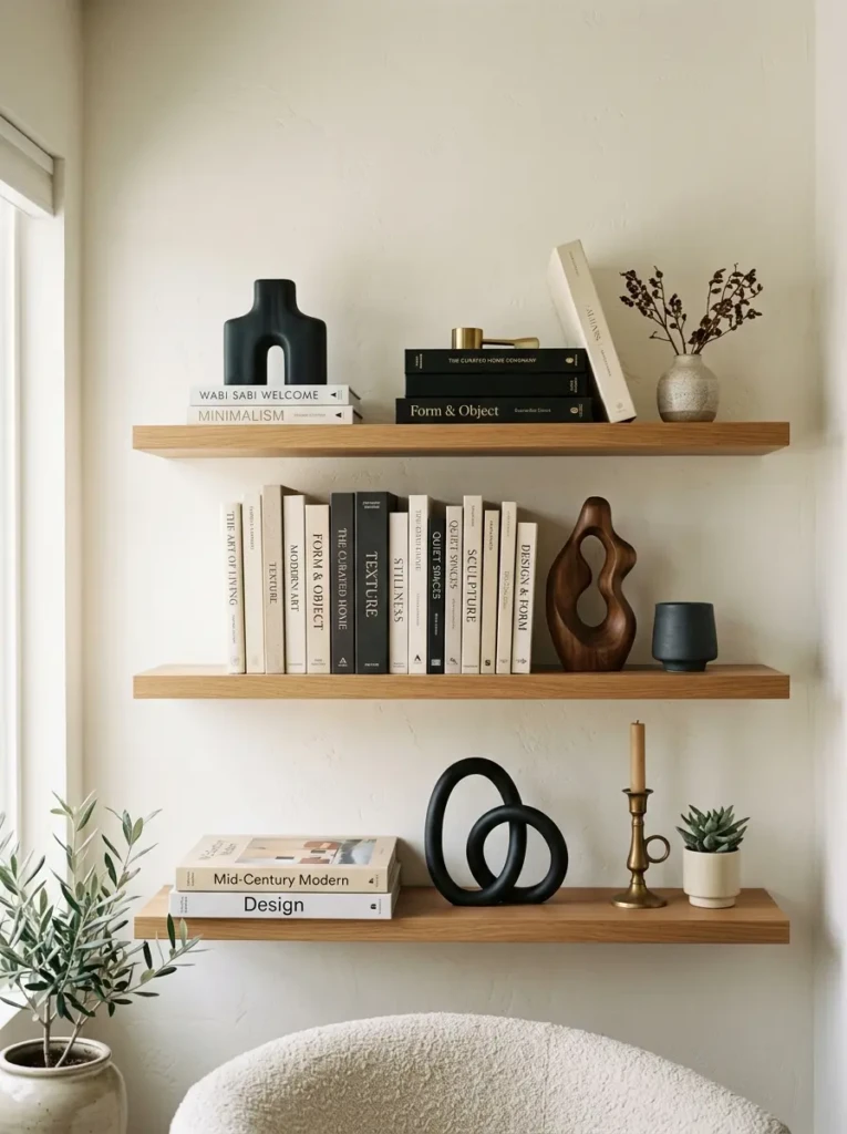 Neutral black and cream books paired with modern sculptural decor on sleek floating shelves.