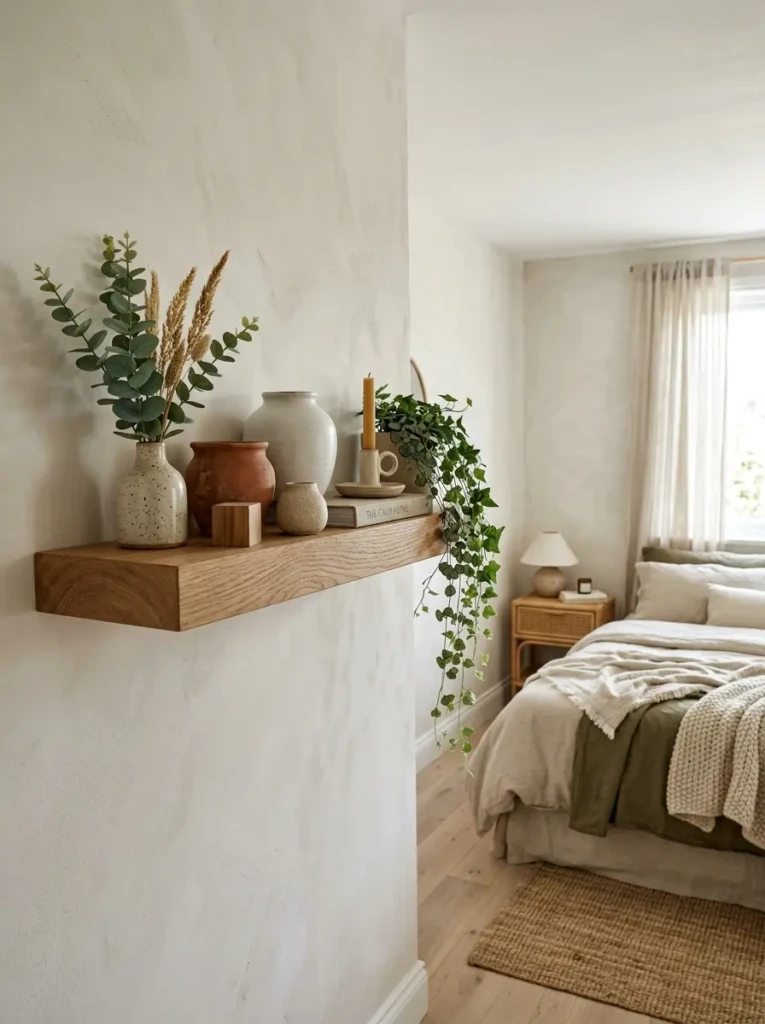 Natural wood shelf styled with matte pottery and eucalyptus for a calm earthy bedroom feel.