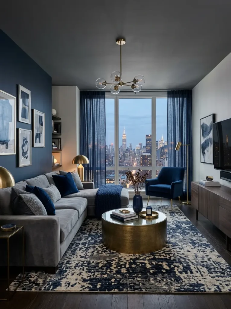 Sophisticated apartment living room with navy blue cushions, grey sofa, textured rug, and modern metallic accents.