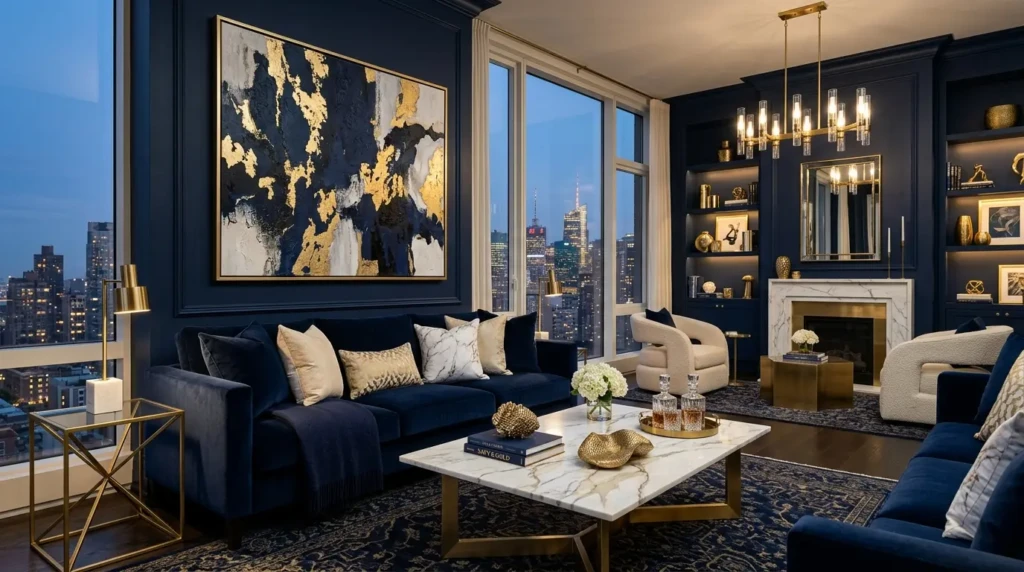 Sophisticated navy blue living room featuring a white marble coffee table, velvet sofa, and gold decorative accents.