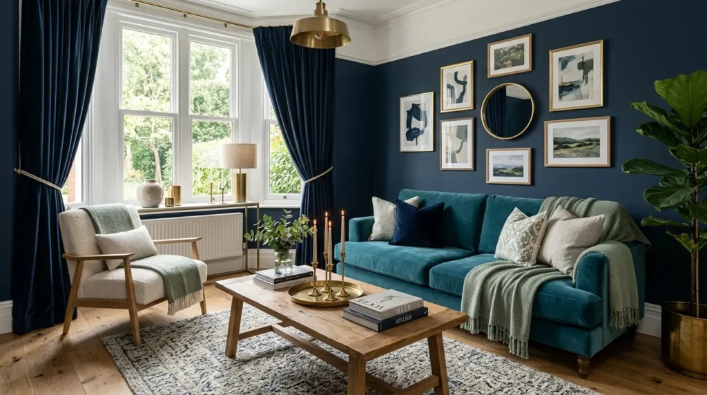 Navy and sage living room design with a teal velvet sofa, navy drapes, sage throw, boucle chair, and brass accents.