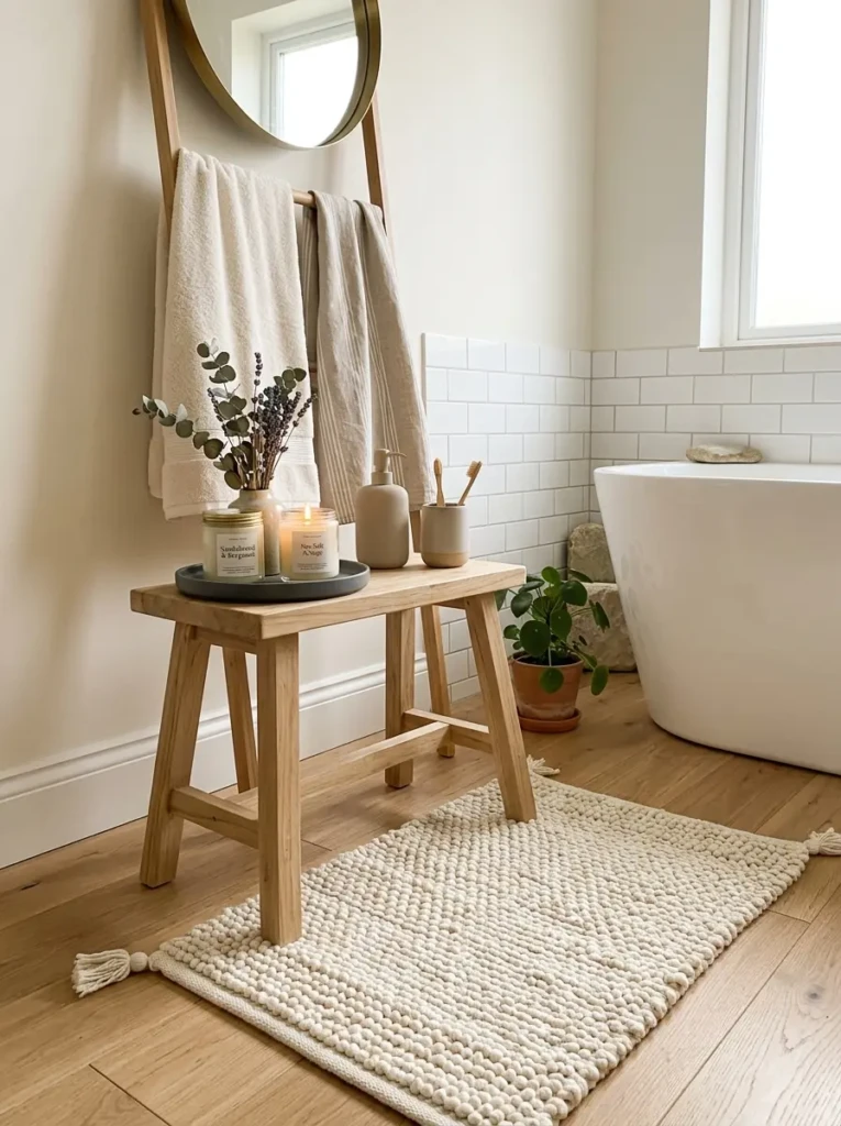 Neutral accessories, textured bath mat, and scented candles in a cozy bathroom