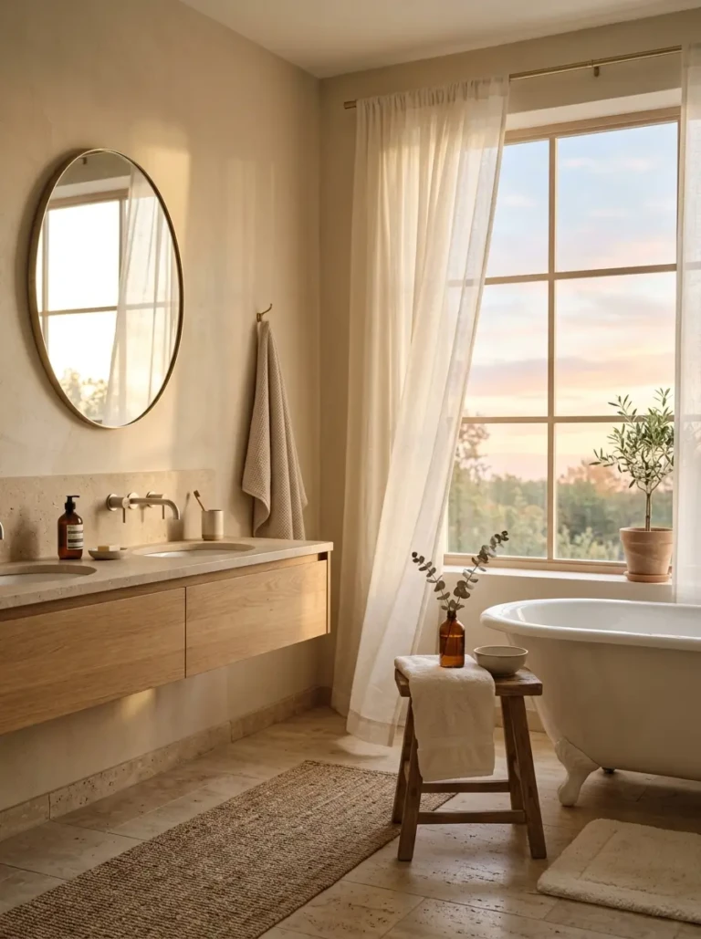 Soft beige and ivory neutral bathroom with sunlight streaming through sheer curtains, creating a calm spa-like atmosphere.