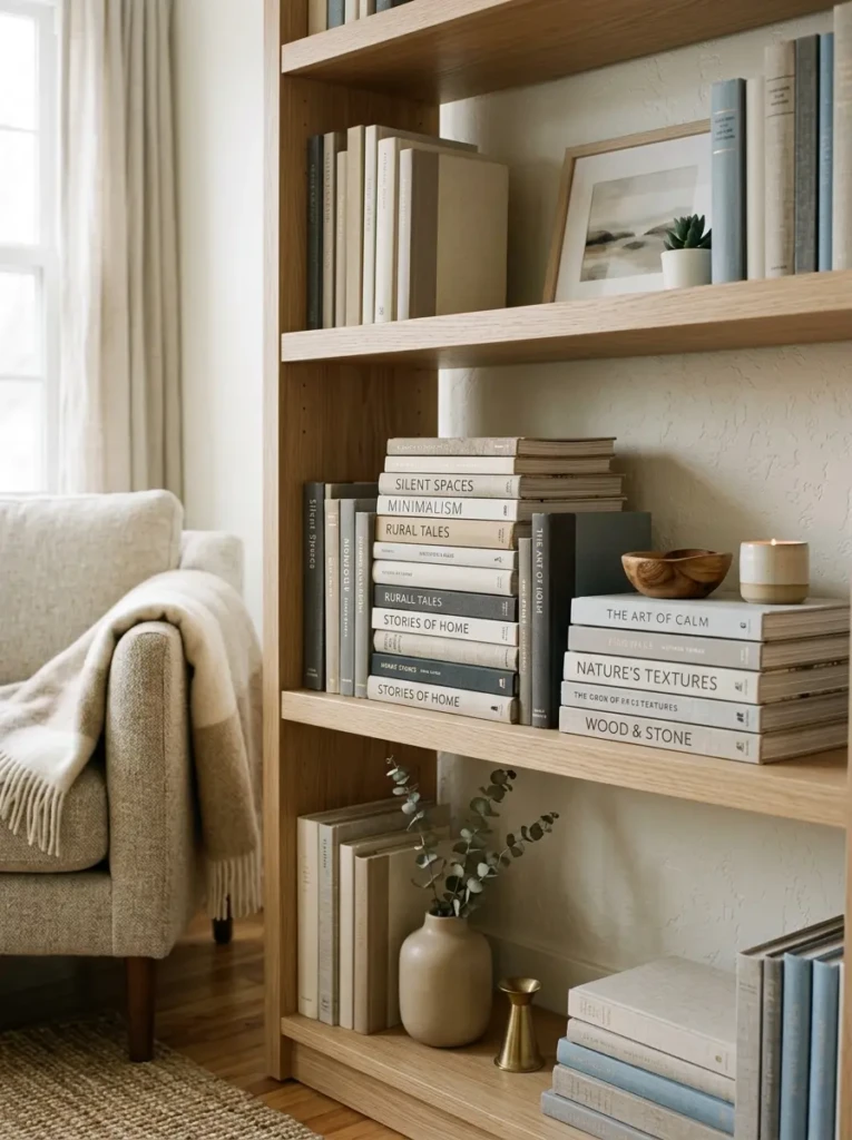 A close-up of muted-tone book stacks arranged horizontally and vertically on a floating shelf in soft daylight.