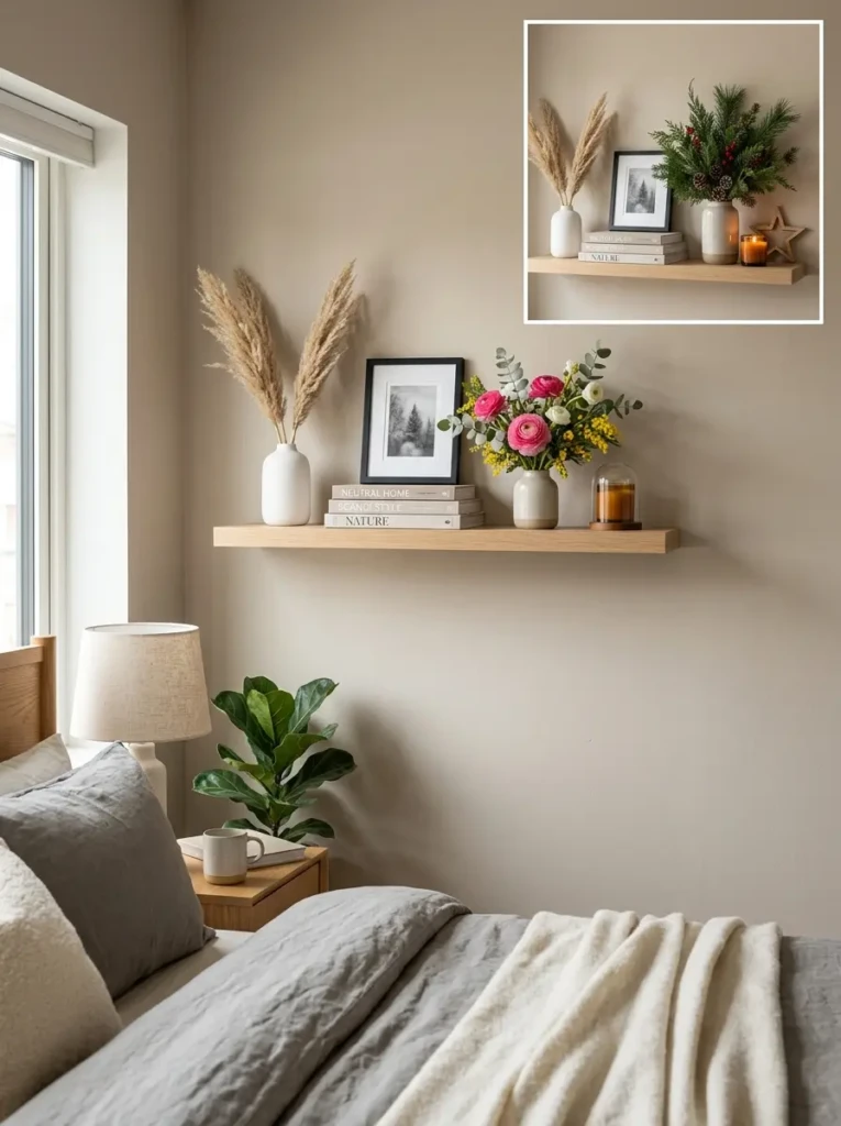 Neutral floating shelf base with easy seasonal decor updates using florals and winter greenery.