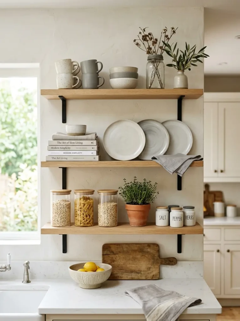Soft beige and white kitchen shelves styled with minimal decor for a timeless look.