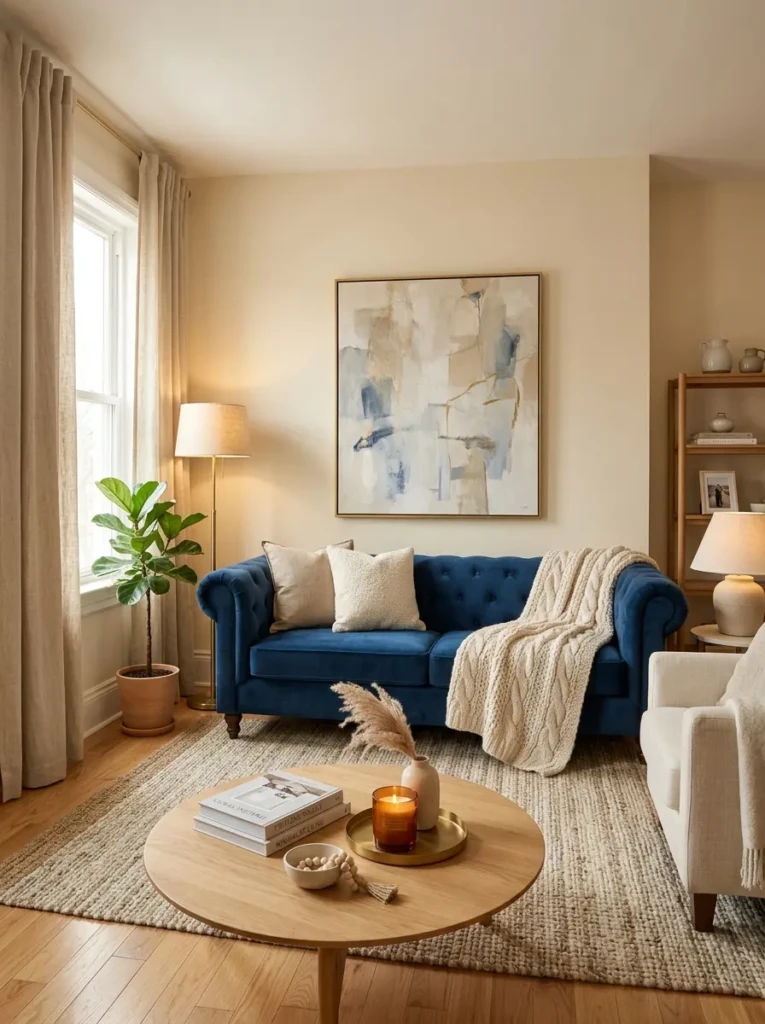 Sophisticated living room with a blue couch, beige and cream tones, linen curtains, and layered textures creating a timeless look