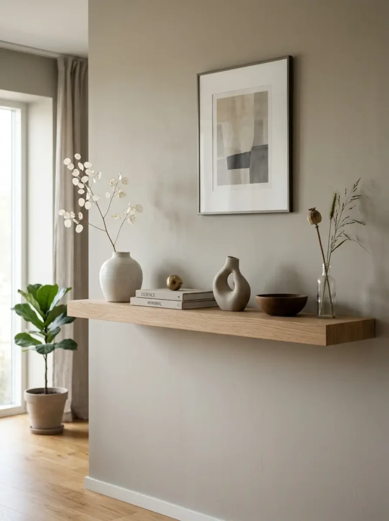 Elegant neutral shelf against greige wall with sparse objects and generous negative space.