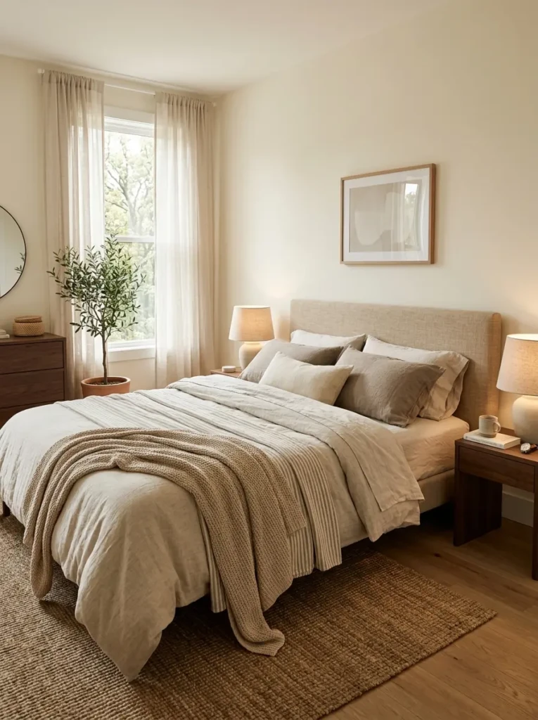 A calm and airy bedroom with neutral colors, layered linen bedding, and soft natural light creating a relaxing space