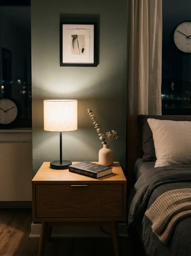 A clean nightstand with a lamp, book, and small decor piece in a clutter-free modern bedroom