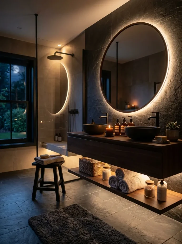 Bathroom at night with glowing mirror and under-shelf LEDs creating a spa-like ambiance.