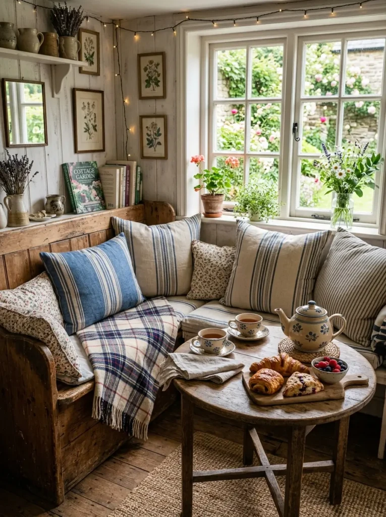 Rustic breakfast nook with striped cushions, pastries, and tea in a charming small farmhouse kitchen.