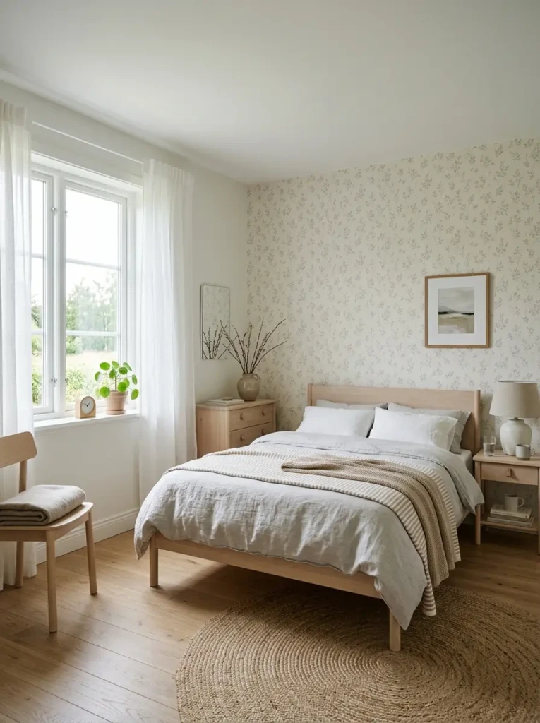 A minimalist Nordic bedroom with pale wood furniture and soft patterned wallpaper