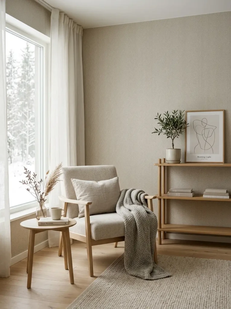 Minimalist bedroom with soft neutral wallpaper and uncluttered decor creating a peaceful space