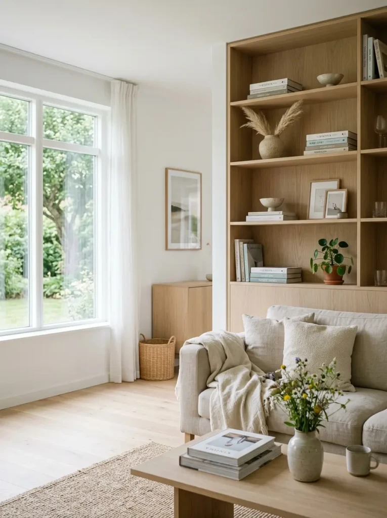 Minimal Nordic living room with pale oak furniture, stacked books, ceramic vase, and soft linen throw.