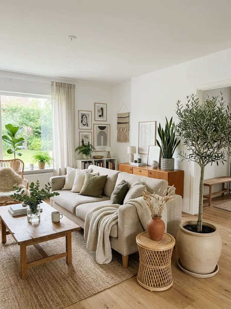 Scandinavian living room featuring olive tree, ceramic planters, neutral sofa, and fresh green accents.