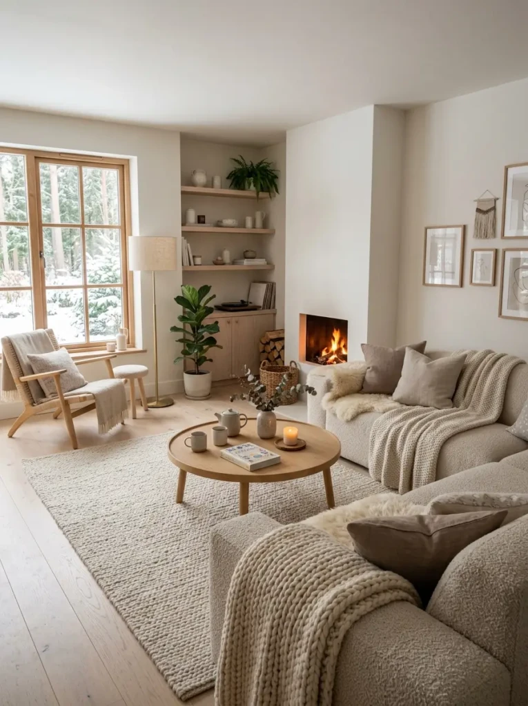 Serene Nordic living room with layered textures, pale woods, warm lighting, and stylish Scandinavian comfort.