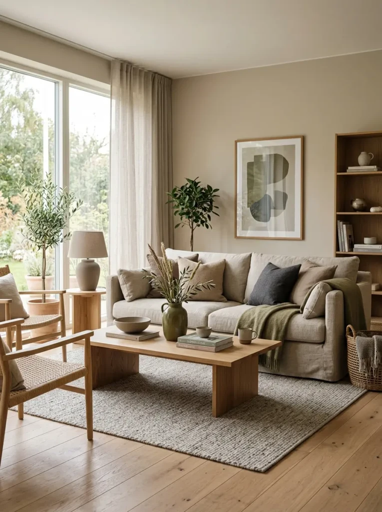 Nordic neutral living room in beige, taupe, soft gray, oak furniture, and earthy decorative accents.
