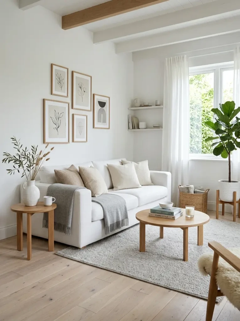 White sofa with pale oak furniture, wood flooring, framed art, and bright Scandinavian minimalist styling.
