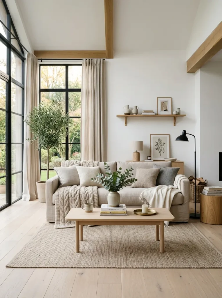 Bright Nordic living room with white walls, beige sofa, pale oak table, knit throws, and soft natural daylight.