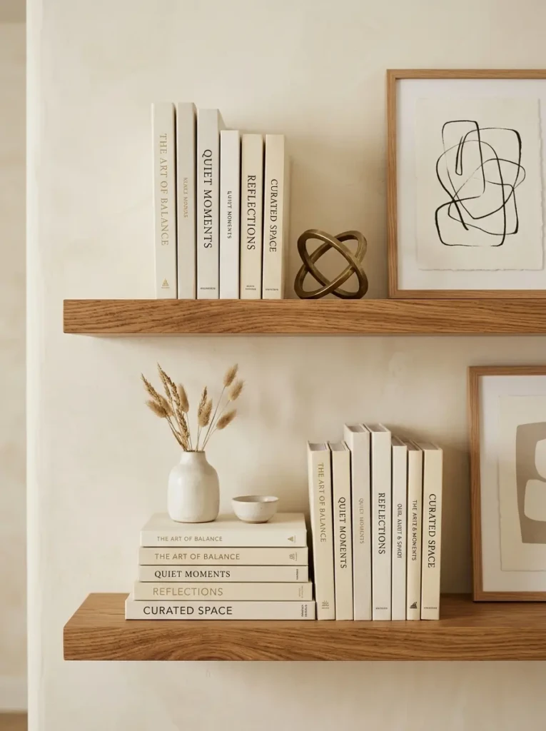 Oak floating shelf with cream books, brass decor, framed art, and airy spacing for an elegant look.