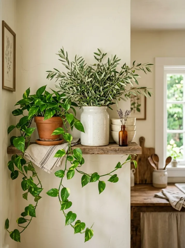 Olive branches in a ceramic crock and trailing pothos decorate a soft cream farmhouse kitchen.