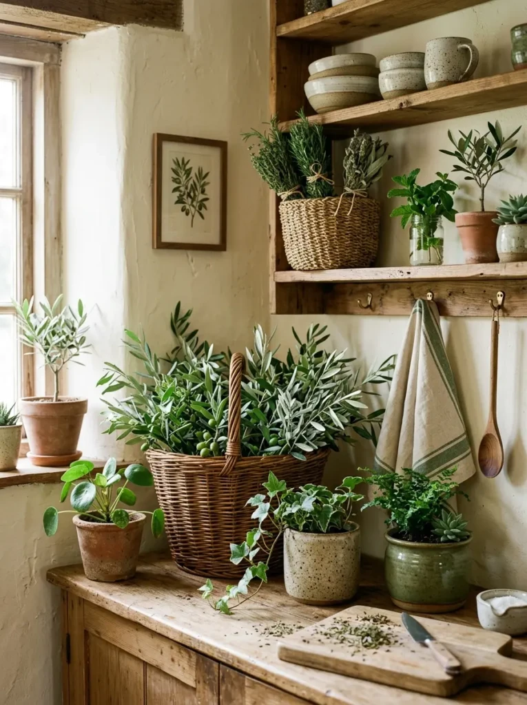 Olive stems, woven baskets, and stoneware planters decorate a cozy farmhouse kitchen corner.