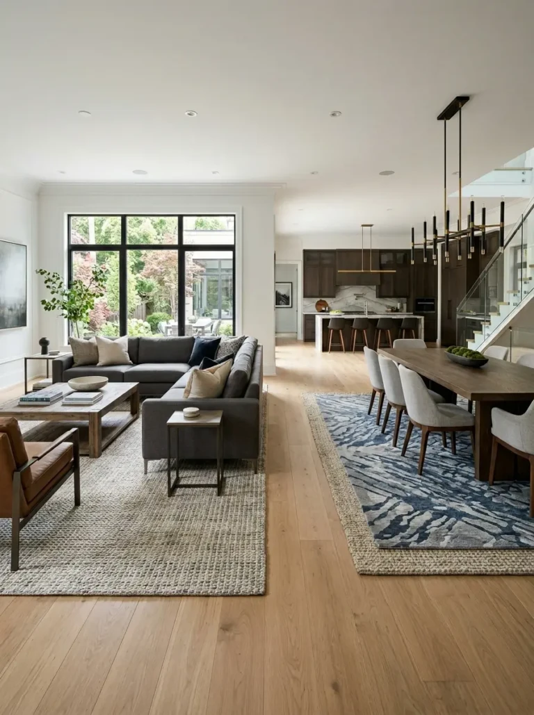 Continuous wood flooring with layered rugs defining living and dining spaces in open layout.