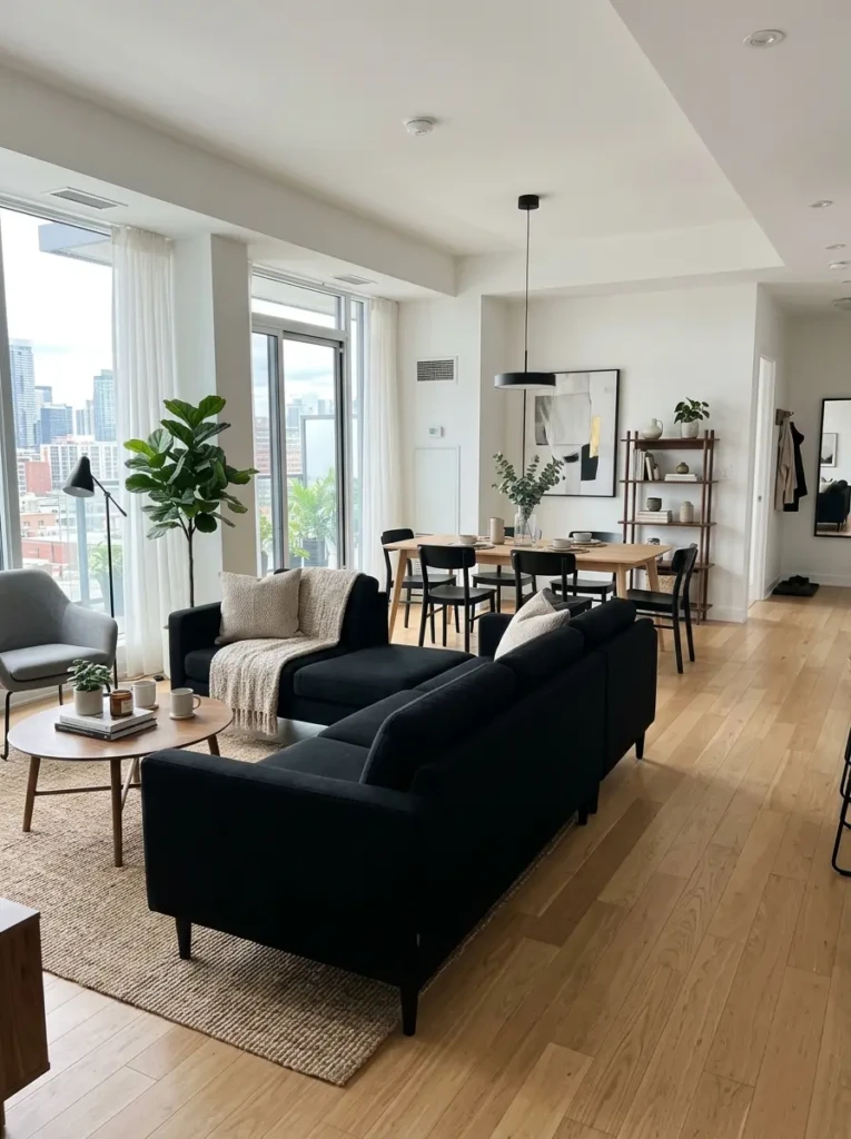Black couch dividing a modern open-plan living room and dining area in a stylish apartment.