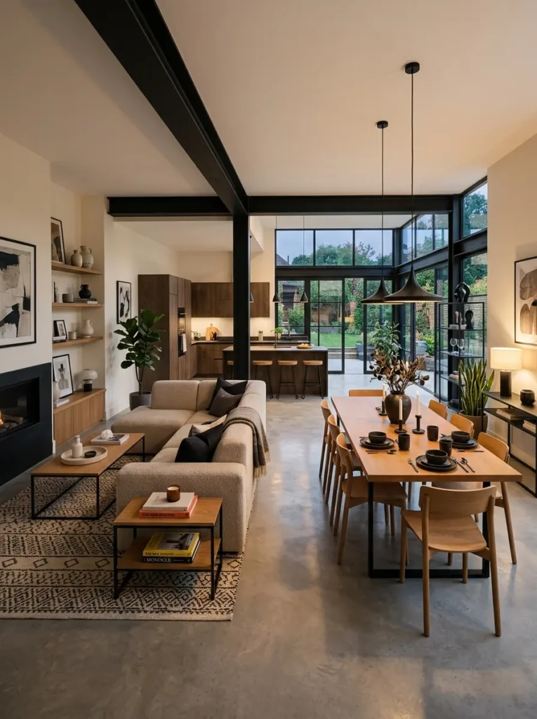 Matching decor accents connecting living room and dining room with repeated wood and metal finishes.