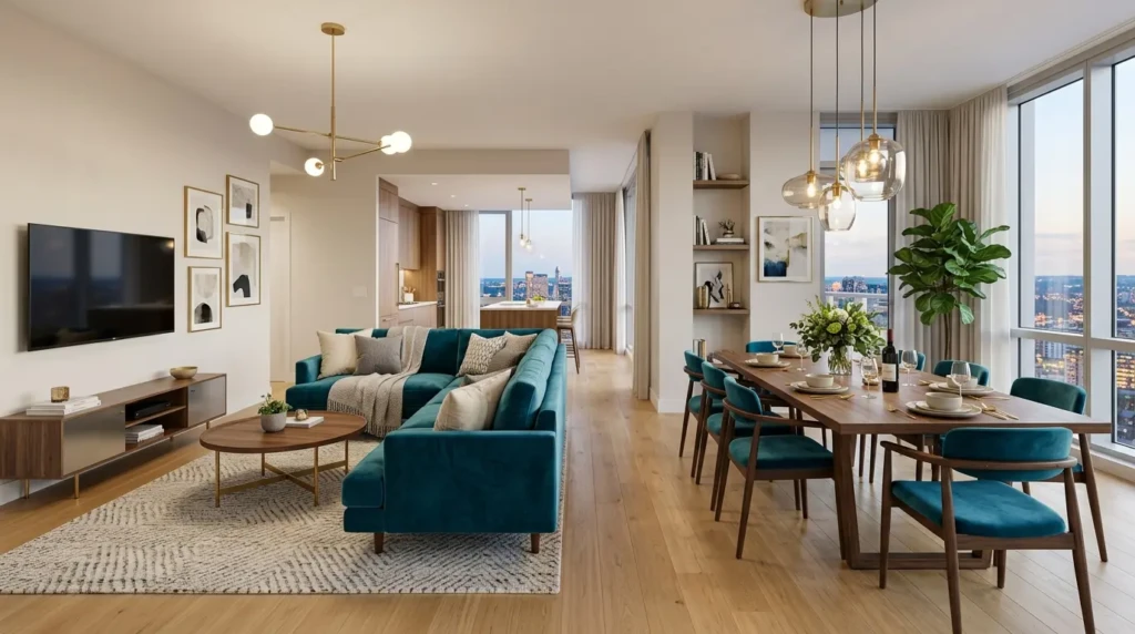 Open-plan living and dining room combo with teal sofa accents, dining chair cushions, and pendant lighting.