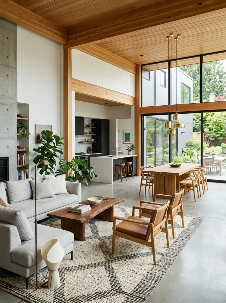 Large rug defining the seating zone in an open-plan living and dining area.