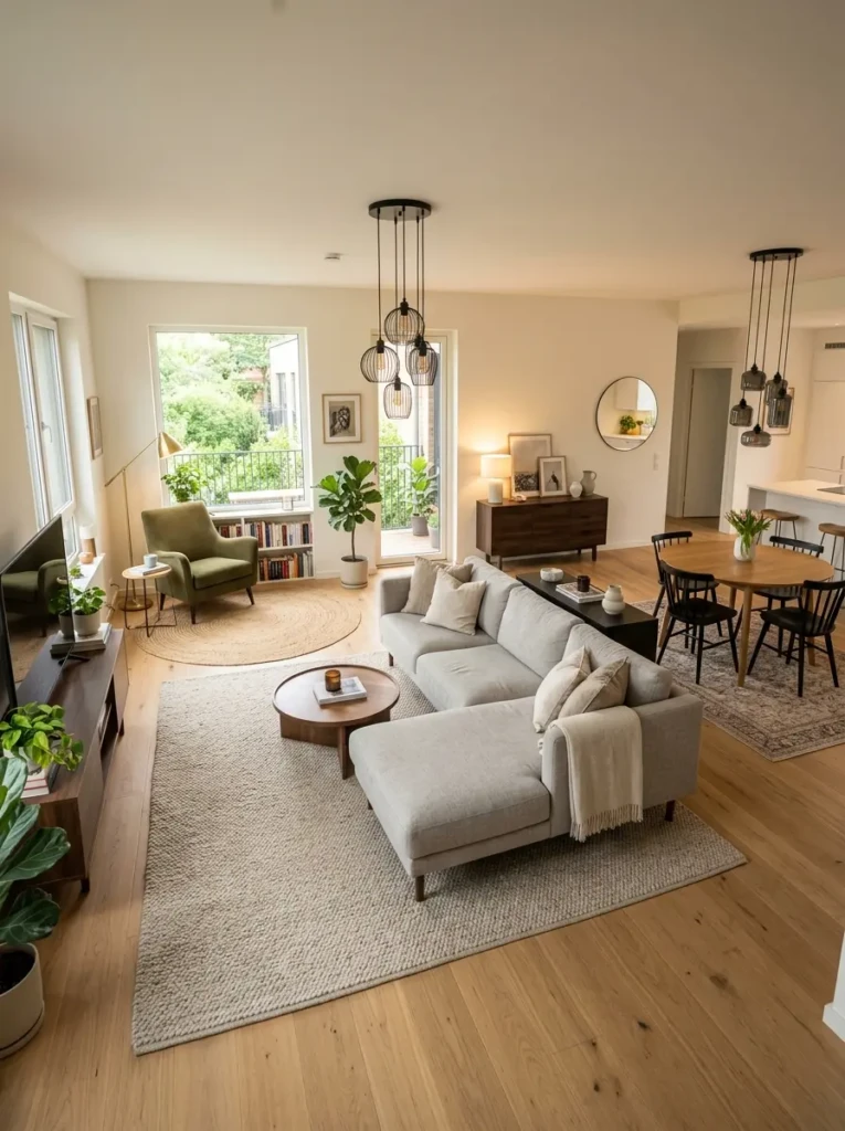 Open-plan interior using rugs, sofa placement, and lighting to define separate living and dining zones.