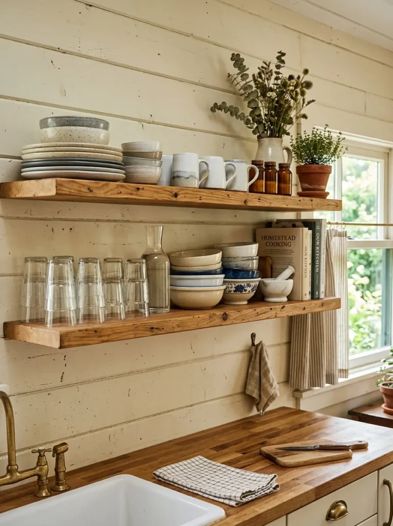 Tiny farmhouse kitchen open shelving with neatly arranged dishes, bowls, and glassware for airy storage.