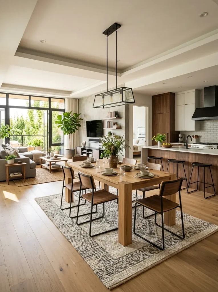 An open dining space connected to a kitchen and living room with matching materials, neutral palette, and a defined dining area with a rug