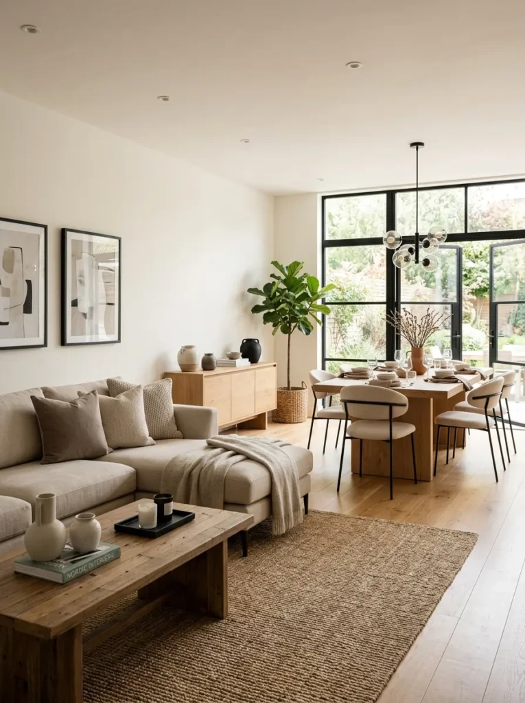 Neutral-toned open concept living room with beige, taupe, and warm white color coordination.