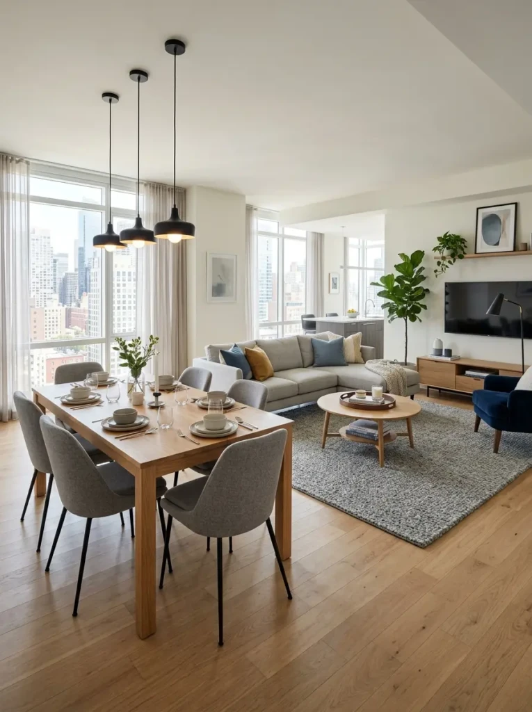 Open concept apartment living room and dining room with seamless zoning and modern decor.