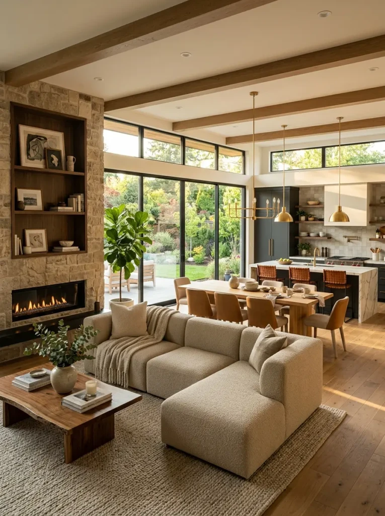 Elegant open concept living room inspiration with connected dining and kitchen, warm textures, and natural light.