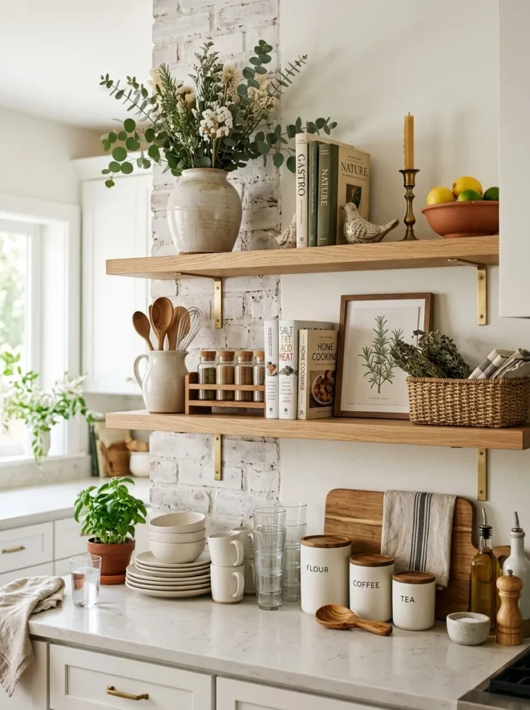 Beautiful floating shelf layout with daily kitchen essentials below and elegant decor accents above.
