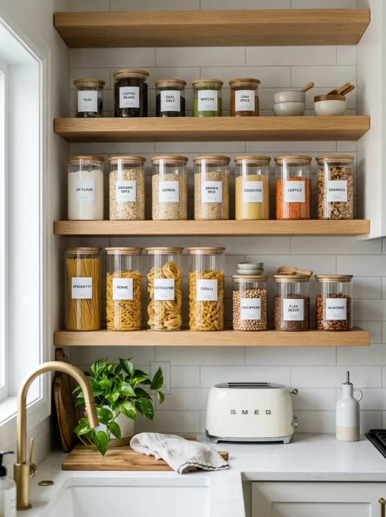 Open shelves with labeled glass jars filled with pasta, flour, coffee, tea, and grains.