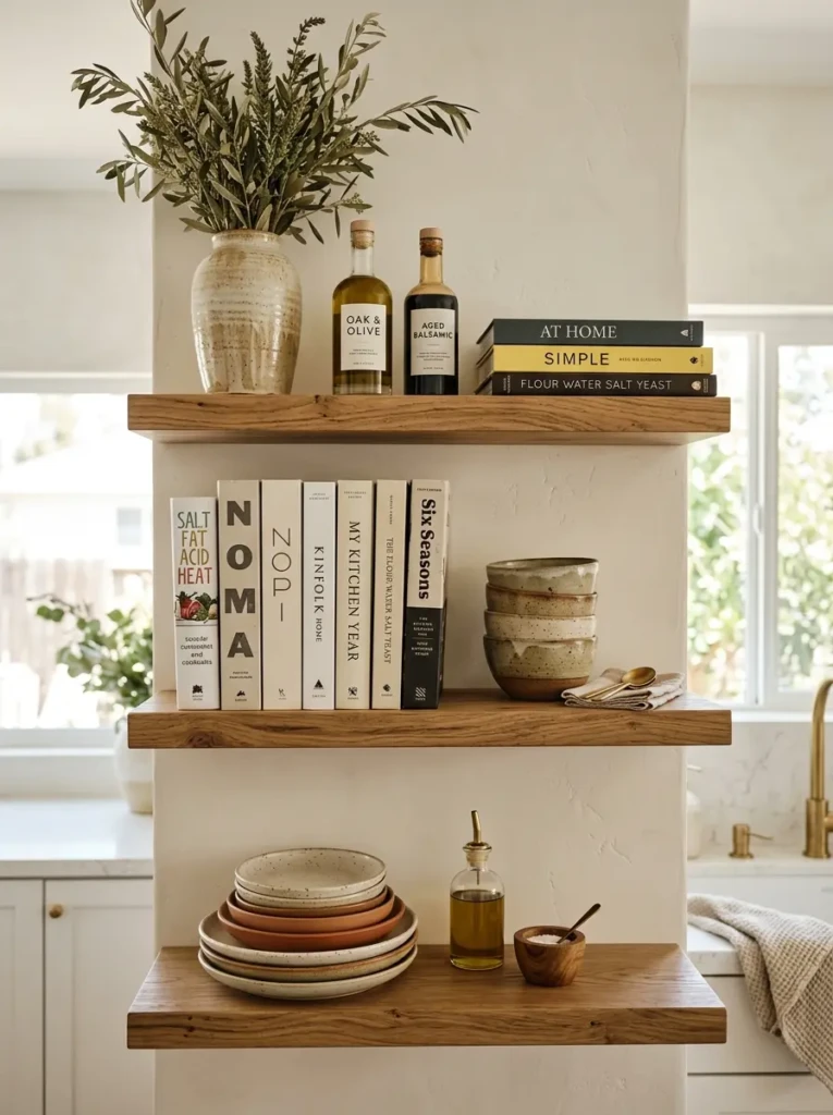 Open shelves styled with tall vases, cookbooks, olive oil bottles, and short bowls to create height contrast.