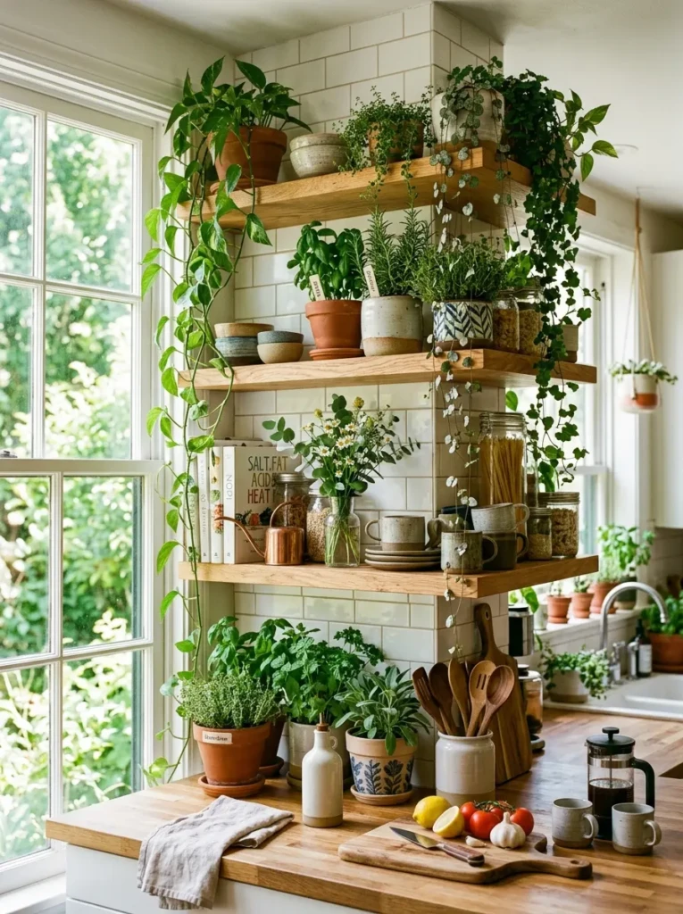 Open shelves decorated with trailing plants and herbs adding freshness and life.