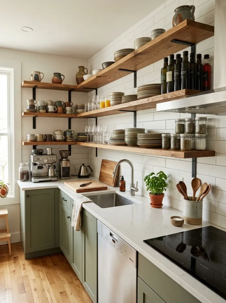 Open kitchen shelving with mugs near coffee station, plates near dishwasher, and oils near the stove.