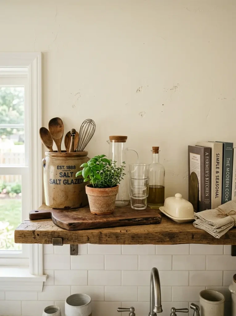 Rustic wood board, antique crock, fresh herbs, and modern glassware layered beautifully on kitchen shelves.