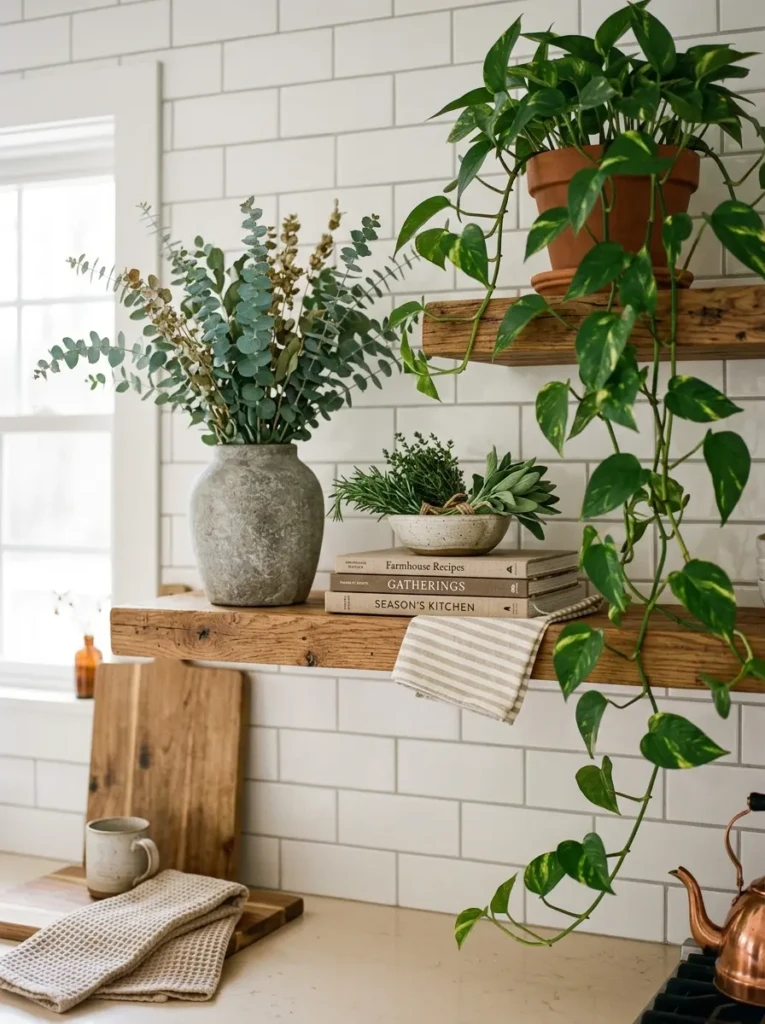 A trailing pothos and eucalyptus arrangement soften shelves in a charming small farmhouse galley kitchen.
