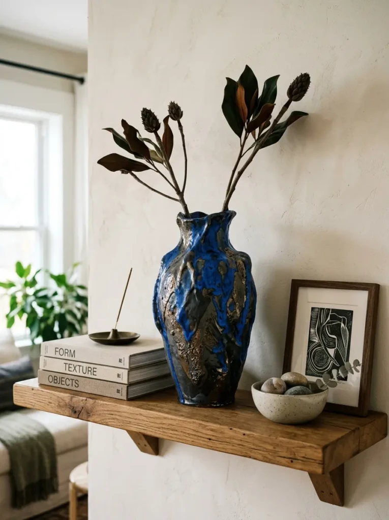 A bold decorative vase placed on a shelf as a focal point with minimal surrounding items.
