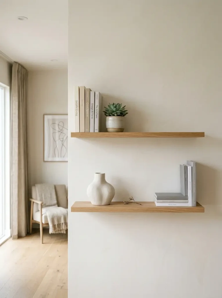 Open shelves with a few decorative items, including books, a plant, and ceramic decor, arranged with lots of empty space.