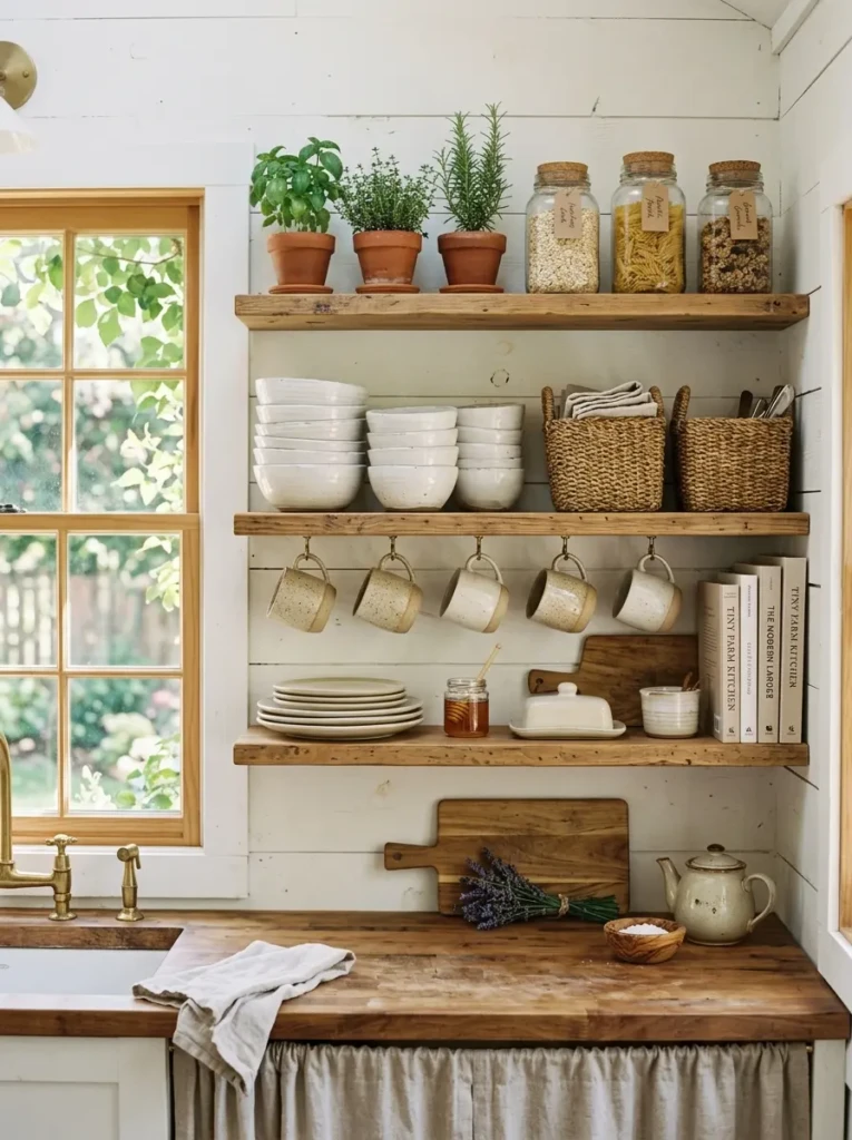 Tiny farmhouse kitchen open shelves styled with white bowls, glass jars, woven baskets, herbs, and neutral mugs.